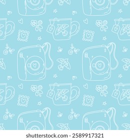 colorful seamless pattern with cute elements, camera and flowers for Valentine's day.
