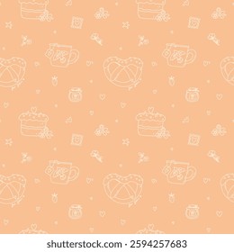 colorful seamless pattern with cute elements, cakes and jams for Valentine's day.