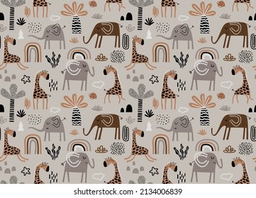 Colorful seamless pattern with cute  elephants and giraffes.