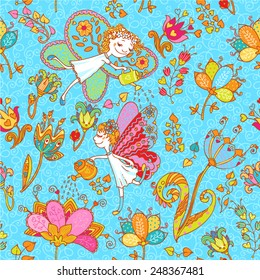 Colorful seamless pattern with cute fairy and flowers. Hand drawn pattern with elf girls. Can be used for cards, invitations, fabrics, wallpapers, ornamental template for design and decoration, etc
