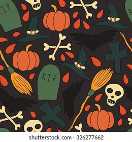 Colorful seamless pattern with cute flat traditional halloween elements on a black background. Ideal for a posters, invitations, wrapping and other decorations.