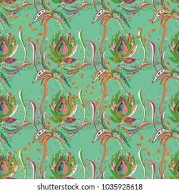 Colorful seamless pattern with cute flowers, paisley, green, pink and neutral colors. Watercolor seamless pattern for textile. Hand drawn flower seamless pattern (tile).