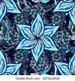 Colorful seamless pattern with cute flowers, paisley, black, neutral and blue colors. Watercolor seamless pattern for textile. Hand drawn flower seamless pattern (tile).
