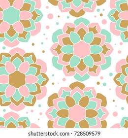 Colorful seamless pattern with cute flowers, dots on white background. Vector illustration.