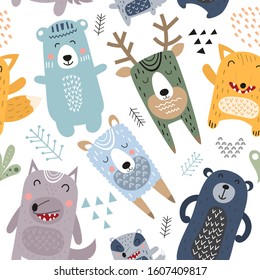 Colorful seamless pattern with cute forest animals in Scandinavian style. Vector Illustration. Great for baby clothes, greeting card, wrapping paper. Bear, badger, llama, fox, wolf, deer.