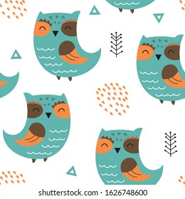 Colorful seamless pattern with cute forest blue owls in Scandinavian style. Vector Illustration. Great for baby clothes, greeting card, wrapping paper.