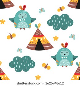 Colorful seamless pattern with cute forest owls and wigwams in Scandinavian style. Vector Illustration. Great for baby clothes, greeting card, wrapping paper. White background.