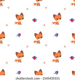 Colorful seamless pattern with cute fox and birds. Christmas vector background.