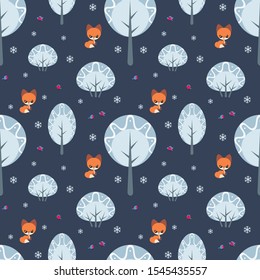 Colorful seamless pattern with cute fox and birds. Christmas vector background.