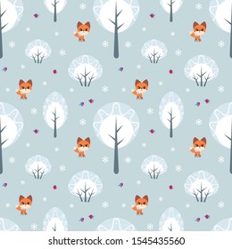 Colorful seamless pattern with cute fox and birds. Christmas vector background.