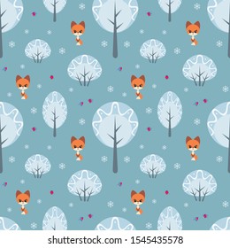 Colorful seamless pattern with cute fox and birds. Christmas vector background.