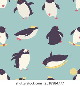 Colorful seamless pattern with cute and funny penguins. Hand drawn illustration with adorable animals