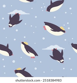 Padrão colorido sem emenda com pinguins bonitos e engraçados. Ilustração desenhada à mão com animais adoráveis