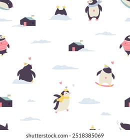 Colorful seamless pattern with cute and funny penguins. Hand drawn illustration with adorable animals