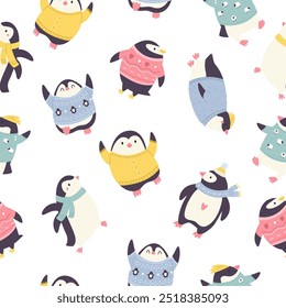 Colorful seamless pattern with cute and funny penguins. Hand drawn illustration with adorable animals