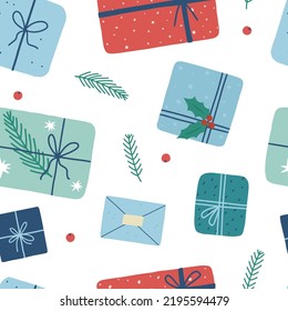 Colorido patrón sin costura con bonitas cajas de regalo. Antecedentes con regalos para Navidad, Cumpleaños, Venta, etc. Estilo plano. Ilustración del vector