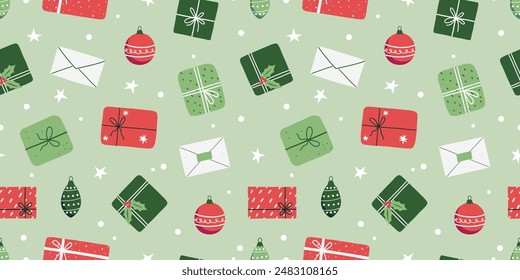 Colorful seamless pattern with cute gift boxes. Background with presents for Christmas, Birthday, Sale etc. Flat style. Vector illustration