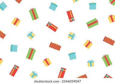 Farbiges nahtloses Muster mit süßen Geschenkboxen. Hintergrund mit Geschenken zu Weihnachten, Geburtstag, Verkauf etc. Flacher Stil. Vektorgrafik. SSTKChristmas