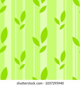 Colorful seamless pattern of cute green leaves on a striped background. Simple flat vector illustration. For the design of paper wallpaper, fabric, wrapping paper, covers, web sites.