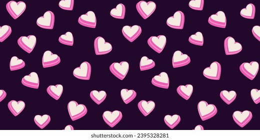 Patrón colorido y sin costuras con corazones bonitos sobre una espalda oscura. Corazón vectorial Valentine, fondo de amor. de fondo. Diseño de moda, tela, papel pintado.