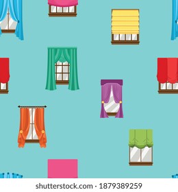 Colorful seamless pattern with cute house windows, flat cartoon on blue background vector illustration. Windows with curtains in repeatable decorative texture design.