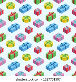 Colorful seamless pattern with cute isometric gift boxes. Background with presents for Christmas, Birthday, Sale etc. Flat style. Vector illustration