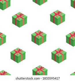 Farbiges, nahtloses Muster mit süßen isometrischen Geschenkschachteln. Hintergrund mit Geschenken zu Weihnachten, Geburtstag, Verkauf etc. Flach-Stil. Vektorgrafik