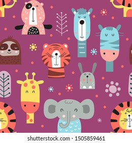 Colorful seamless pattern with cute jungle animals in Scandinavian style. Vector Illustration. Kids illustration for nursery design. Great for baby clothes, greeting card, wrapping paper.