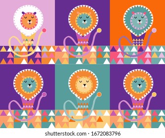 Colorful seamless pattern with cute lions. Circusf lions cartoon illustration Scandinavian style. Vector design for kids textile, wrapping, cover, web, banner, etc.