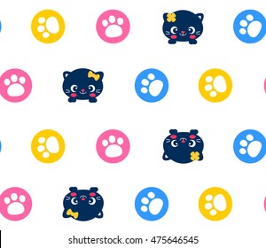 Colorful seamless pattern. cute little cat with paw icon background illustration vector.