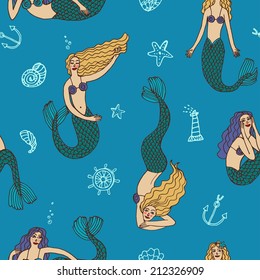 Colorful seamless pattern with cute mermaids