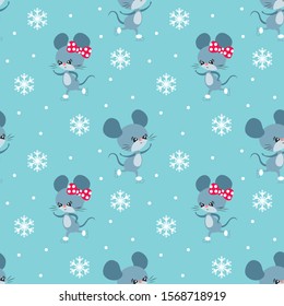 Colorful seamless pattern with cute mice. Christmas vector background.