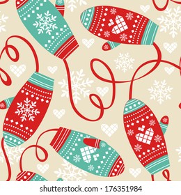 Colorful seamless pattern with cute mittens