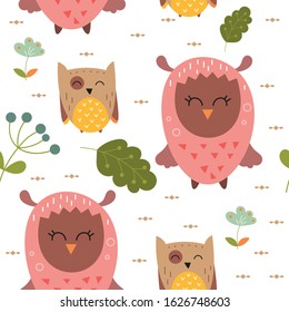 Colorful seamless pattern with cute owls in Scandinavian style. Vector Illustration. Great for baby clothes, greeting card, wrapping paper. White background.