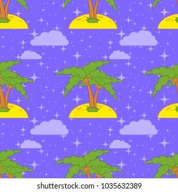Colorful seamless pattern of cute palms on sand on a blue background. Simple flat vector illustration. For the design of paper wallpaper, fabric, wrapping paper, covers, web sites.