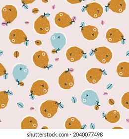 Colorful seamless pattern with cute pears and leaves. Vector design for paper, fabric, interior decor and cover