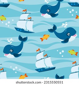 Colorful seamless pattern with cute sailing ship, wave, whale, fish in flat style. Marine endless texture for fabric, baby clothes, background, textile, wrapping paper. Vector illustration.