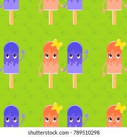 Colorful seamless pattern of cute smiling esimo on a green background. Simple flat vector illustration. For the design of paper wallpapers, fabric, wrapping paper, covers, web site design.