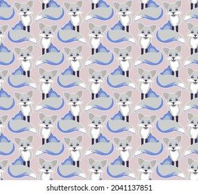 Colorful seamless pattern with cute white fox.Christmas vector background.Decorative wallpaper.For postcards, packaging, wallpaper, textiles, stickers