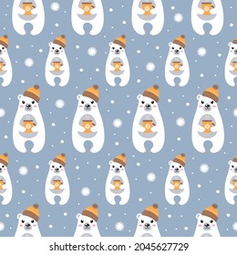 Colorful seamless pattern with cute white polar bear in a warm hat with a cup of hot tea on blue background. Modern cartoon vector illustration.