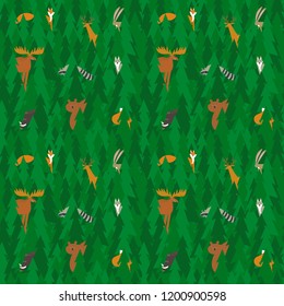 Colorful seamless pattern with cute woodland animals in the forest. Love nature illustration for your design.