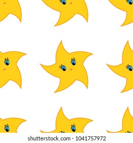 Colorful seamless pattern of cute yellow stars on a white background. Simple flat vector illustration. For the design of paper wallpaper, fabric, wrapping paper, covers, web sites.