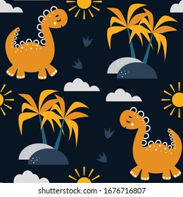 Colorful seamless pattern with cute yellow dinosaurs on a dark background. Children's illustration in a funny cartoon style. Baby Vector Illustration. Funny cartoon dino.