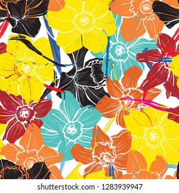 Colorful seamless pattern with daffodil flowers, design elements. Floral  pattern for invitations, cards, print, gift wrap, manufacturing, textile, fabric, wallpapers