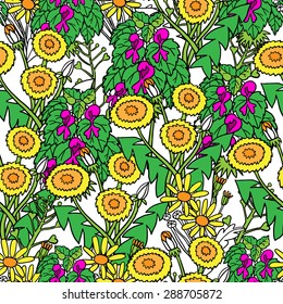 Colorful seamless pattern with dandelions, daisies and lilac flowers