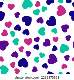 Patrón colorido y sin fisuras de corazones azul oscuro, morado y verde. Idóneo para imprimir en textiles, tejidos, papel pintado, postales, envolturas