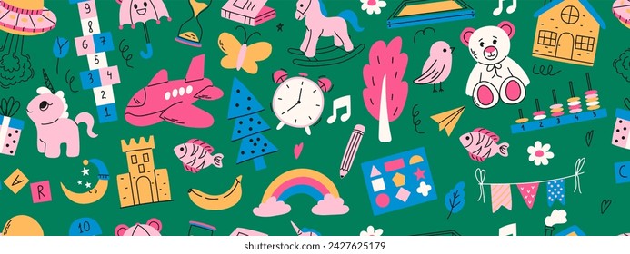 Colorful seamless pattern with daycare doodle. Montessori, hopscotch, toys, flower, umbrella, house, book and other elements.