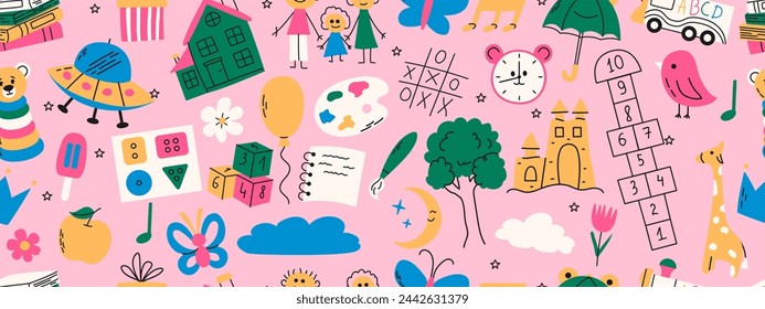 Colorful seamless pattern with daycare doodle. Book, hopscotch, toys, flower, umbrella, house, clock and other elements.