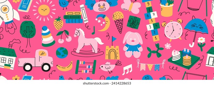 Colorful seamless pattern with daycare doodles. Rocket, hopscotch, toys, horse, montessori game, house, sun and other elements.