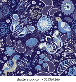 Colorful seamless pattern with decorative birds and flowers